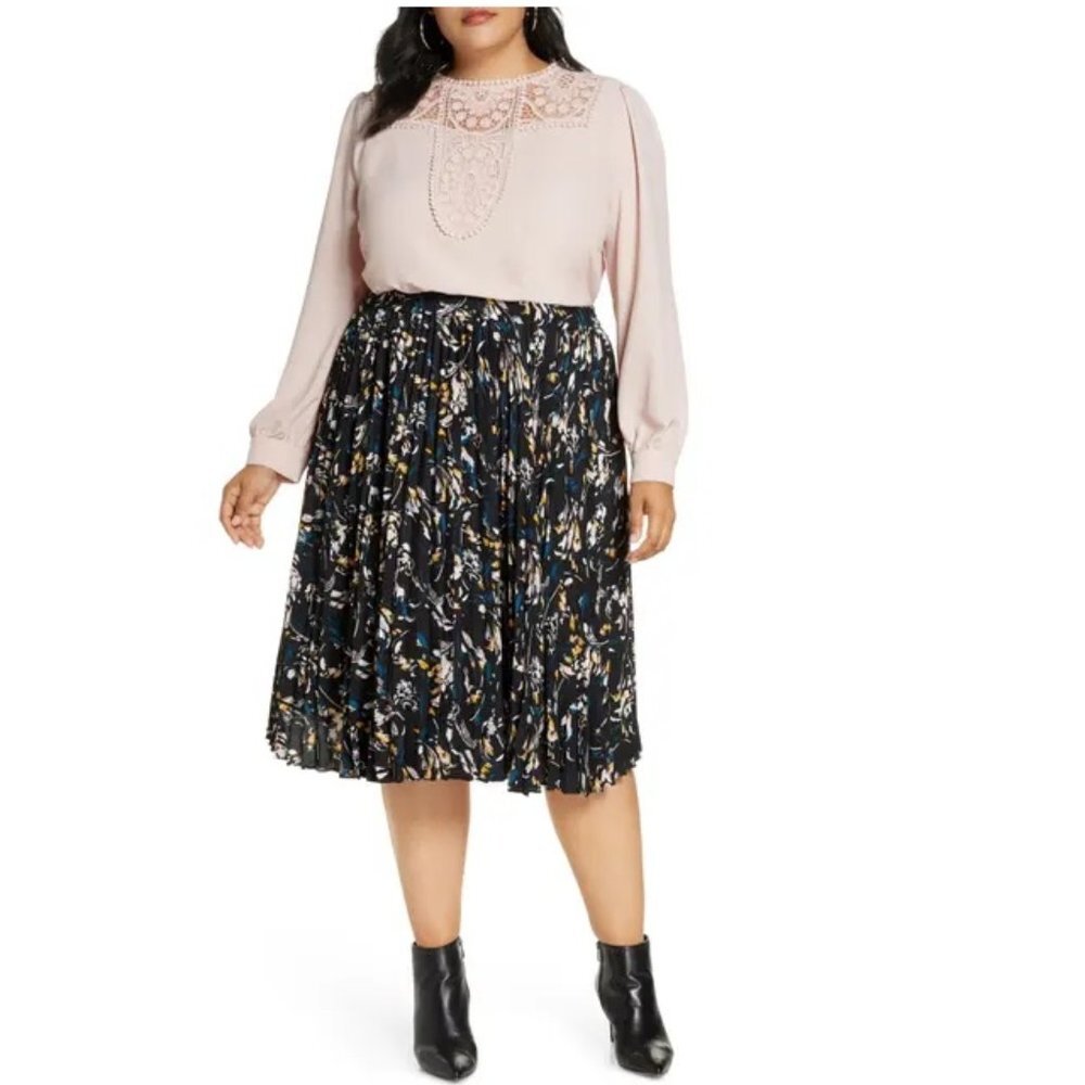 Halogen Printed Pleated Midi Skirt PLUS SIZE